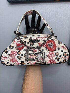 Viral Ed Hardy Cream Red Rhinestone Kiss Lock Frame Handbag NWT